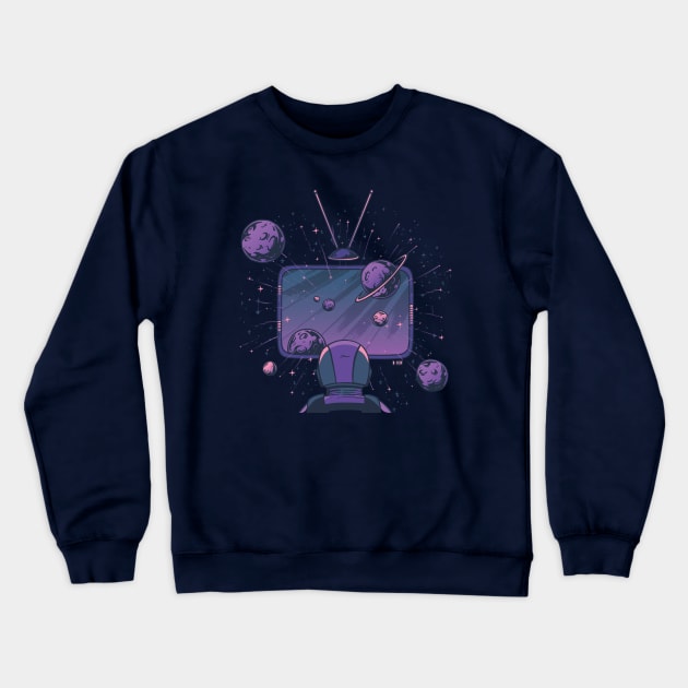 Greatest Show Off Earth // Space Cadet Watching TV in Outer Space // Cool Outer Space Illustration Crewneck Sweatshirt by SLAG_Creative